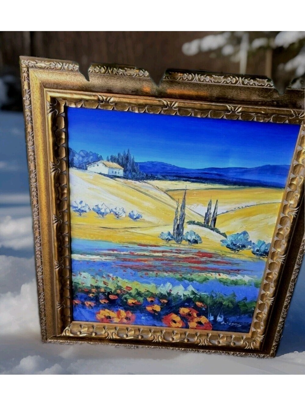 Signed Oil Painting Rich Color Landscape A. Rogers on Canvas Texture Slight Dent